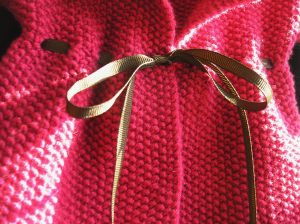 "Baby Cardigan," Close up with Chocolate Grosgrain Ribbon